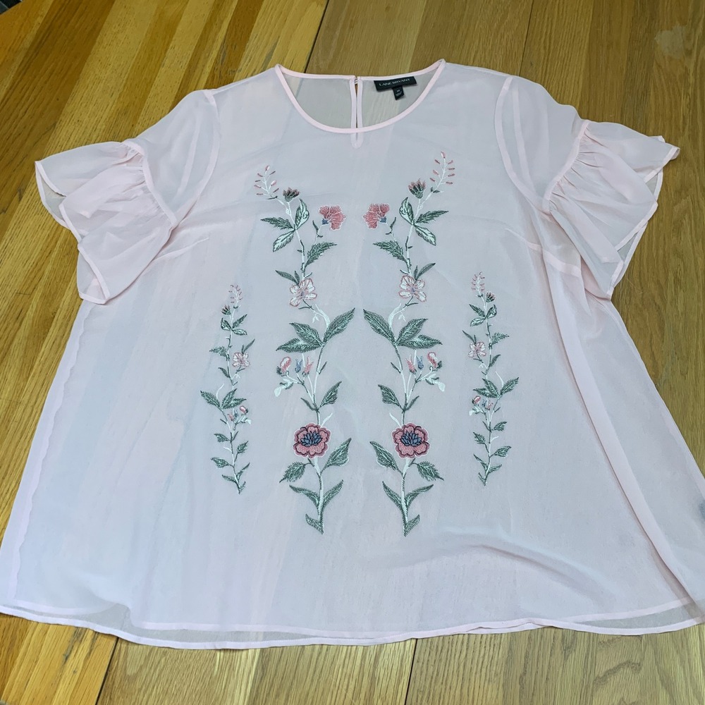 Lane Bryant Pink Floral Embroidered Chiffon‎ Flutter Sleeve Blouse Plus Size 20